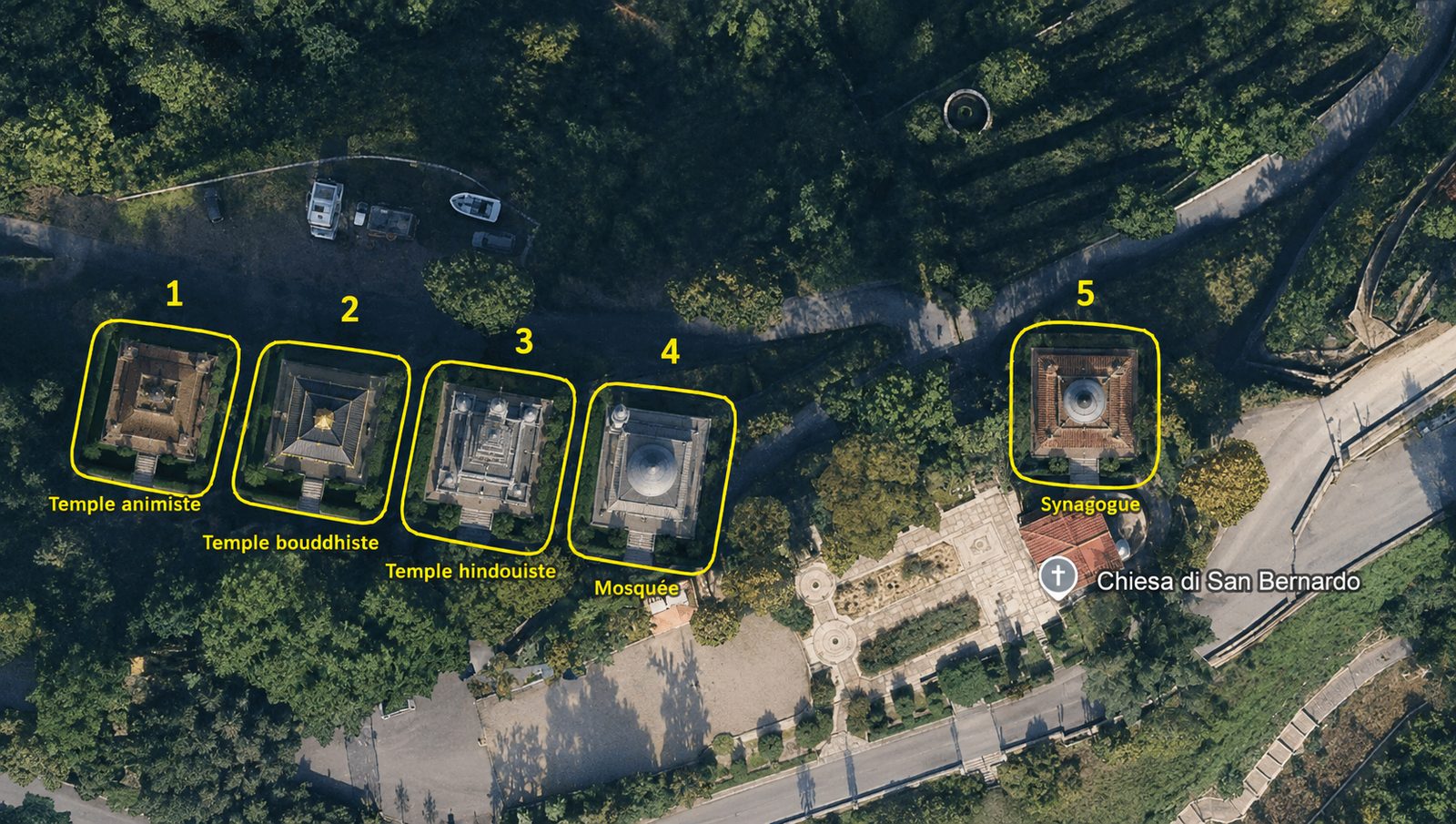 Vue aérienne du projet : cinq lieux de culte numérotés — temple animiste, temple bouddhiste, temple hindouiste, mosquée et synagogue — à proximité de l’église San Bernardo