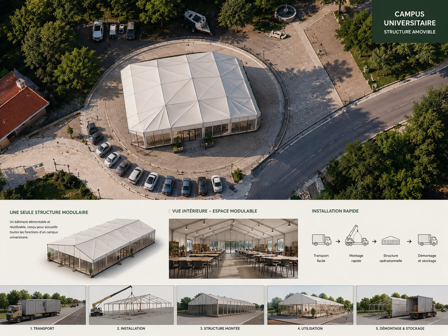 Planche de présentation du campus universitaire amovible : vue aérienne de la structure blanche, vue intérieure de la salle et étapes transport, installation, structure montée, utilisation, démontage et stockage