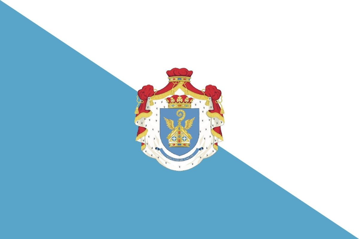 Le drapeau officiel de la Principauté du Sabourg : deux bandes obliques, bleu clair en bas et blanc en haut, aux armes princières