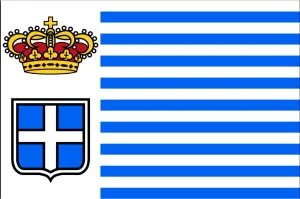Le drapeau utilisé à Seborga : écu à croix blanche couronné et neuf bandes bleues