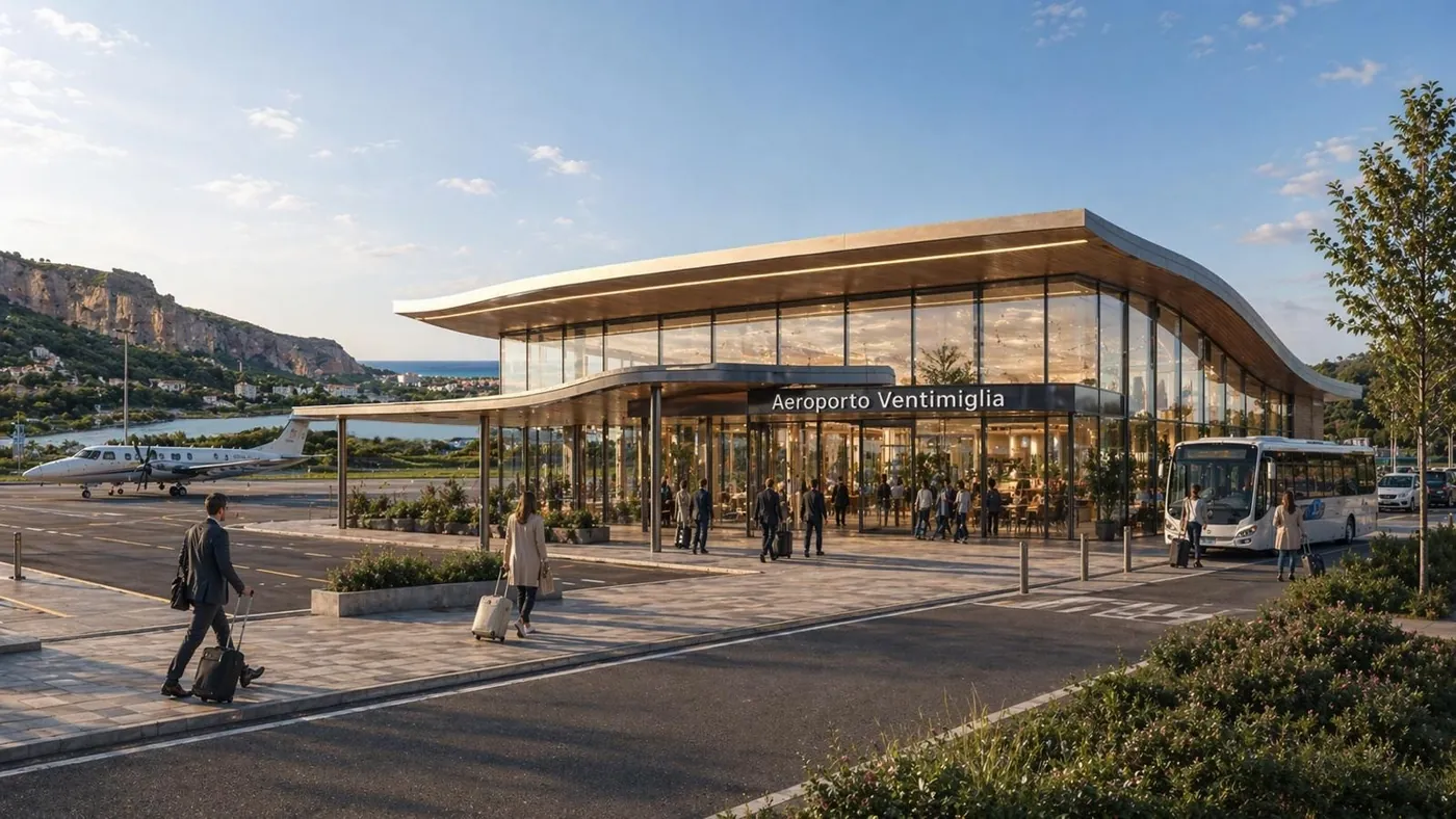 Terminal de l’aéroport de Vintimille : façade vitrée, auvent de bois et voyageurs sur le parvis