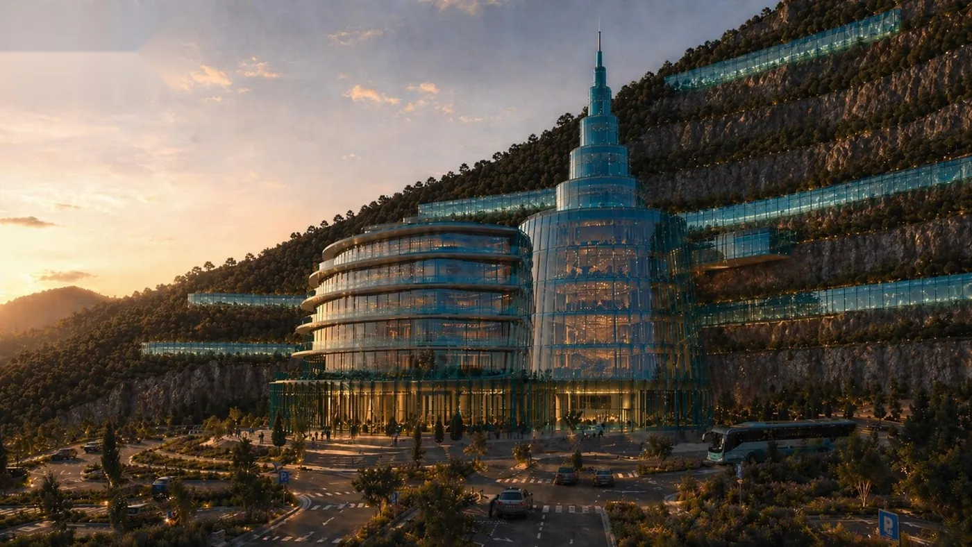 Vue en fin de journée de la tour de la Roya, un bâtiment de verre en terrasses adossé au flanc de la montagne