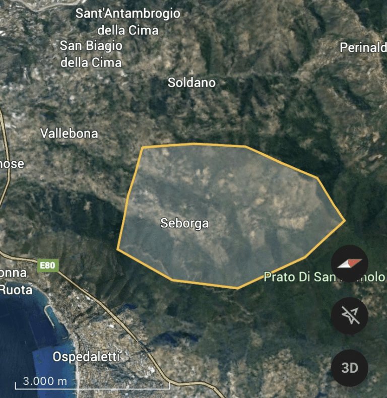 Vue satellite du territoire du Prieuré de Saint-Jean, autour de Seborga, délimité en jaune