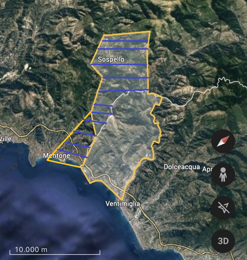 Vue satellite du territoire du Prieuré de Saint-Michel, de Sospel à Menton et Vintimille, délimité en jaune ; la partie hachurée en bleu est rattachée à la France depuis 1860
